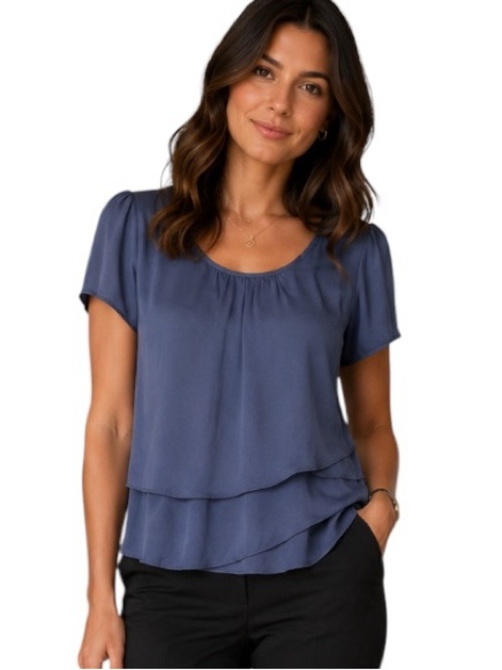 Hazel Medium Blue-Gray Short Sleeve Tiered Blouse Office Professional Neutral